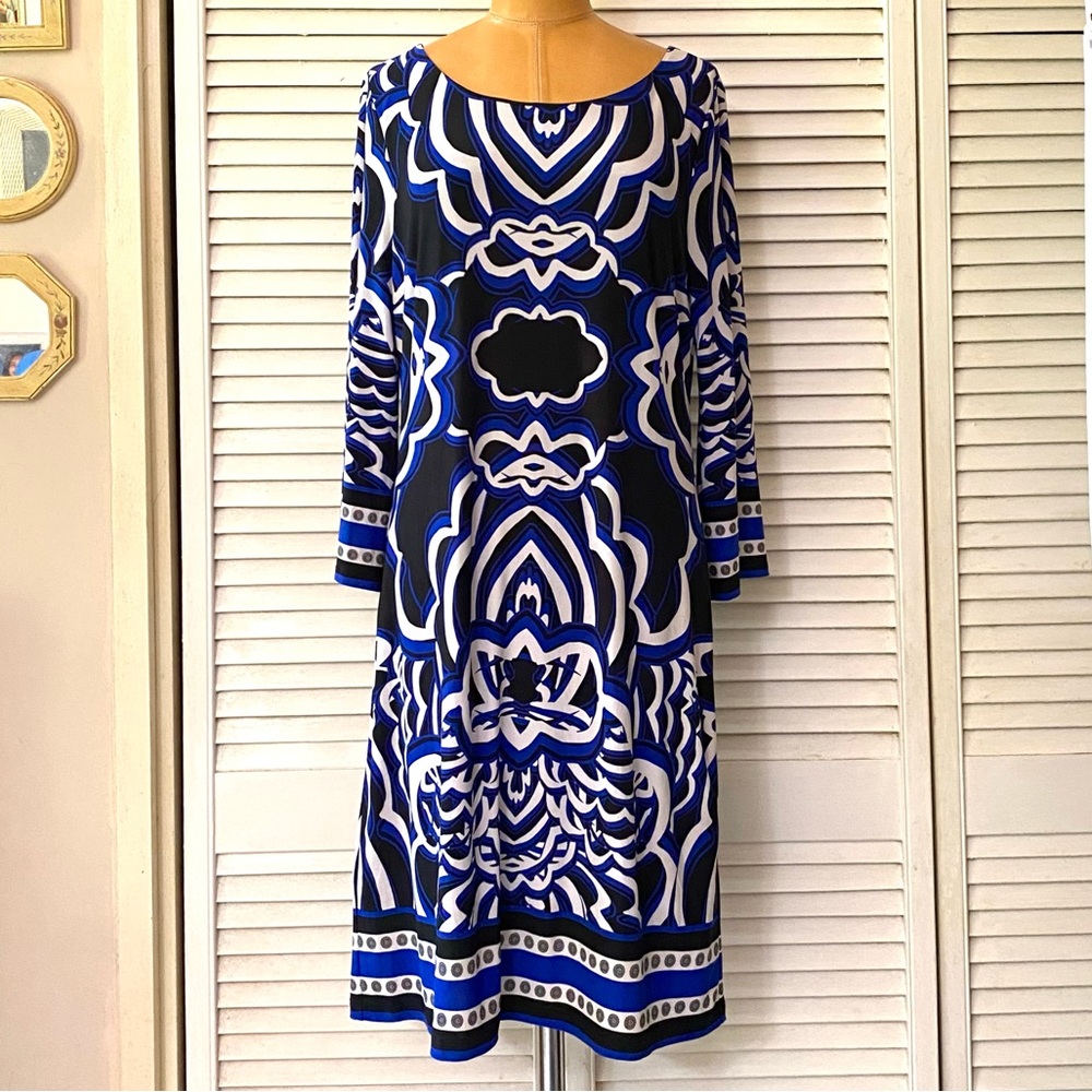 INC Dress Women’s Medium Blue Black International Concepts Boat Neck Majolica